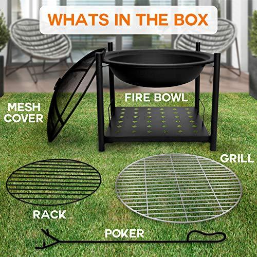 SereneLife Portable Outdoor Wood Fire Pit - 2-in-1 Steel BBQ Grill 26" Wood Burning Fire Pit Bowl w/ Mesh Spark Screen, Cover Log Grate, Wood Fire Poker for Camping, Picnic, Bonfire - SLCARFP54 - CookCave