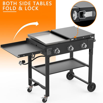 SKOK Foldable Gas Griddle-31.5 Inch Outdoor Propane Griddle, Portable Flat Top Gas Grill -45000 BTU Propane Fuelled, 3 Burners Table Top Griddle Station with Side Shelves - CookCave