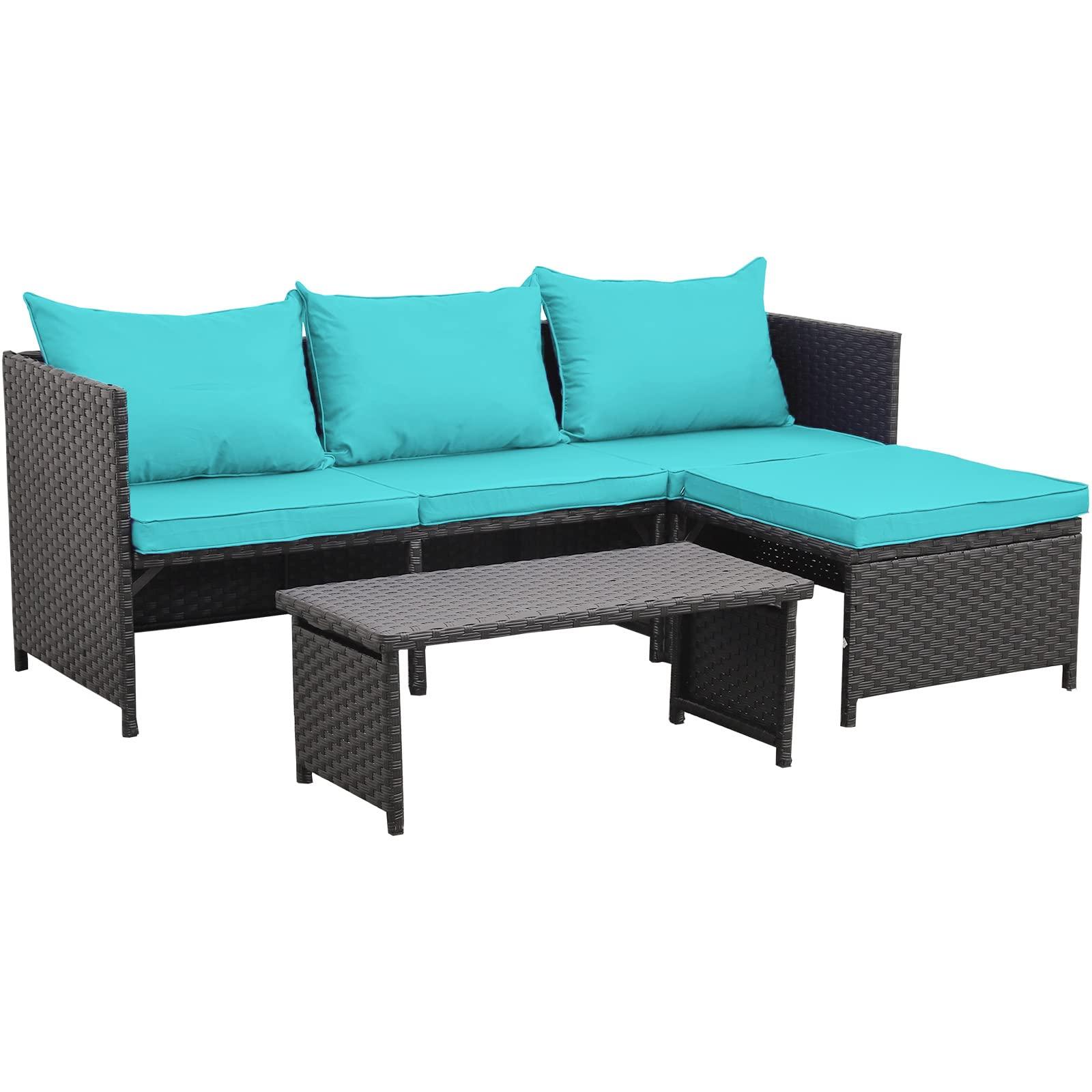 Valita 3-Piece Outdoor PE Rattan Furniture Set Patio Black Wicker Conversation Loveseat Sofa Sectional Couch Turquoise Cushion - CookCave