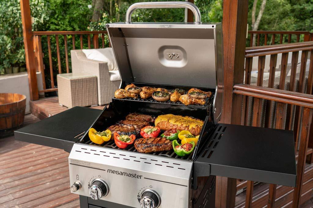 Megamaster 2-Burner Propane Barbecue Gas Grill with Foldable Side Tables, Perfect for Camping, Outdoor Cooking, Patio, Garden Barbecue Grill, 28000 BTUs, Silver and Black, 720-0864MA - CookCave