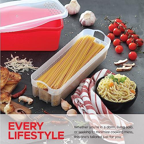 Tafura Microwave Pasta Cooker with Double Straining System, Microwavable Spaghetti Cooker with Drainer, Christmas Dorm Gift, Fast Pasta Boat with Strainer Tray and Lid. BPA Free - CookCave