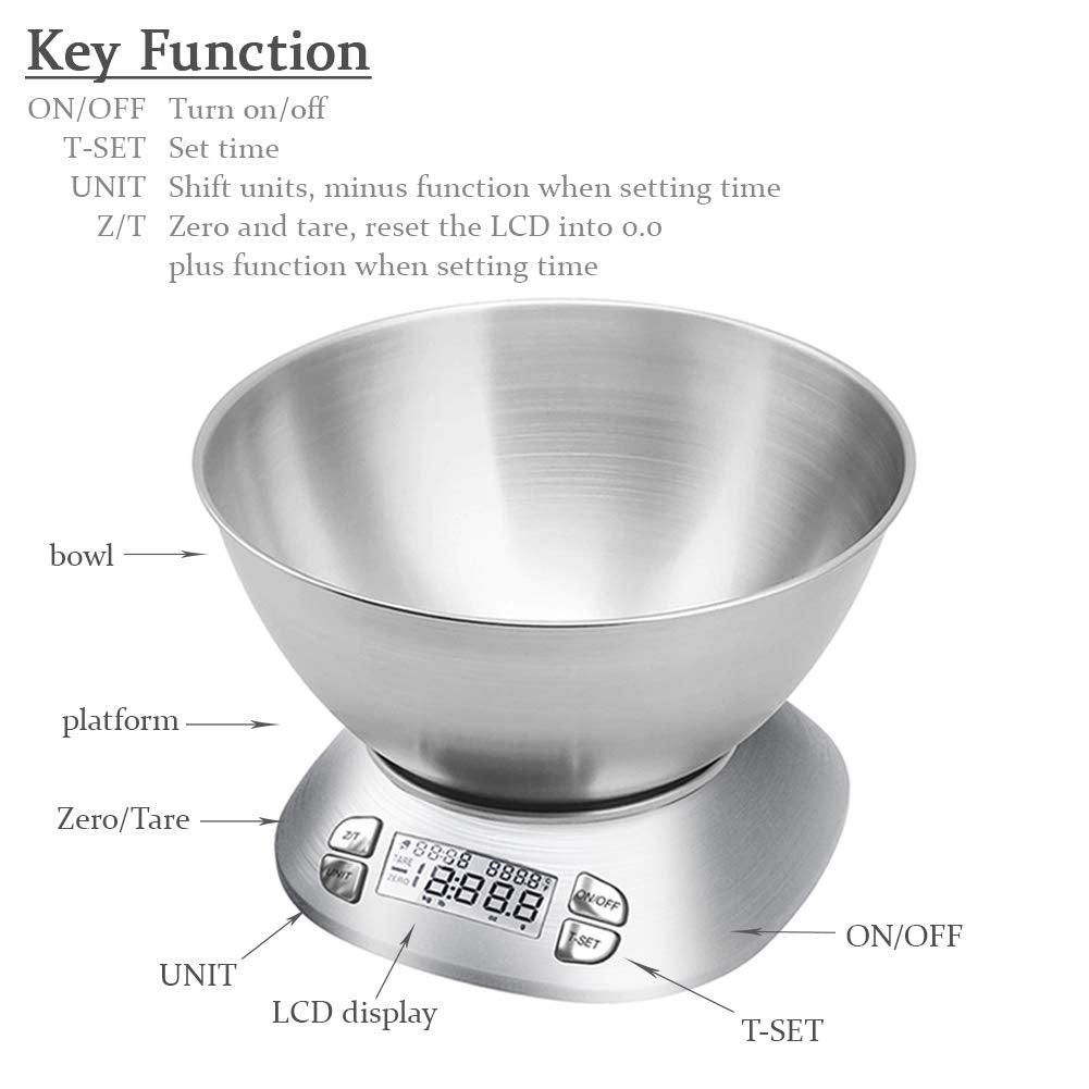 Digital Kitchen Scale with Removable Bowl 2.5L Volume, Electronic Stainless Steel Food Scale for Cooking Baking, Room Temperature, Alarm Timer, 12lb 5.5kg, Batteries Included - CookCave