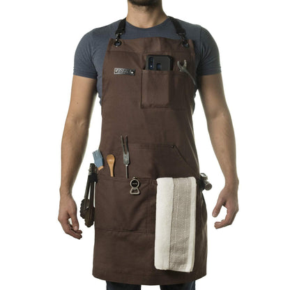 Asaya Chef, BBQ and Work Apron with Bottle Opener and Hand Towel - Durable 10oz Cotton Canvas, Brass Hardware and Cross Back Straps - For Men, Women, Grilling, and Cooking (Brown) - CookCave