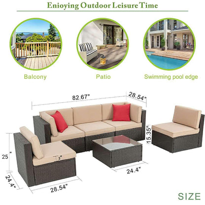 Vongrasig 6 Piece Small Patio Furniture Sets, All Weather PE Wicker Rattan Outdoor Sectional Sofa Conversation Couch with Glass Table, Cushions and Red Pillows, for Lawn, Garden, Backyard (Beige) - CookCave