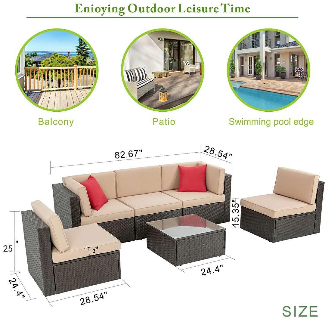 Vongrasig 6 Piece Patio Furniture Set, Small Outdoor Sectional Sofa Couch, All Weather PE Wicker L-Shaped Corner Patio Sofa Garden Backyard Patio Conversation Set w/Glass Table (Beige) - CookCave