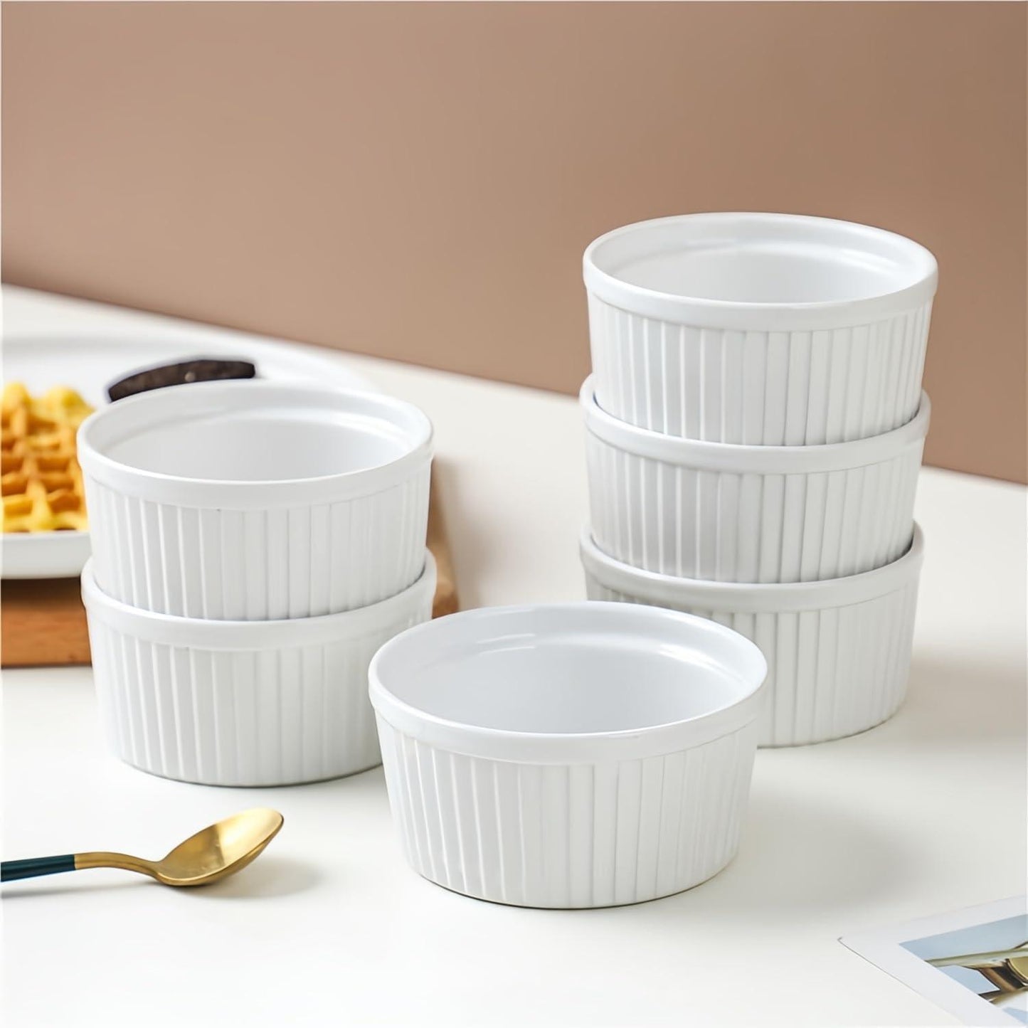 Ramekins with Lids 8 oz, Set of 6 Creme Brulee Ramekins with Covers, Stackable Ceramic Dishes Bowls for Baking, Pudding, Serving Dip, Ice Cream, Dishwasher and Oven Safe (White) - CookCave