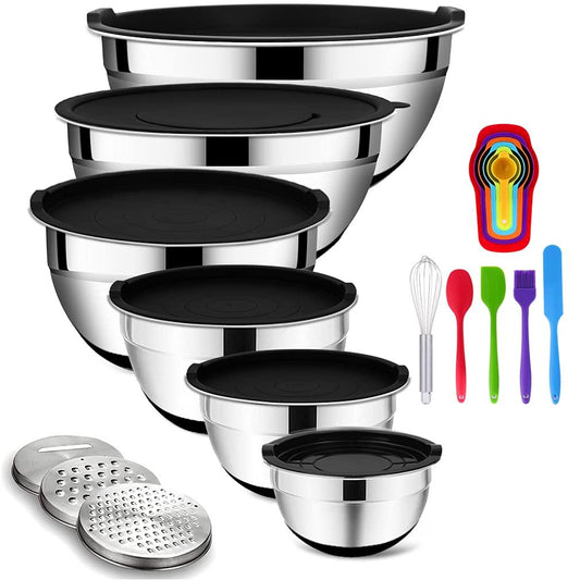 Mixing Bowls Set with Airtight Lids, 20PCS Stainless Steel, Nesting Bowls with 3 Grater Attachments & Non-Slip Bottoms, Size7, 4, 3, 2, 1.5, 1QT Bowls for Baking&Prepping - CookCave