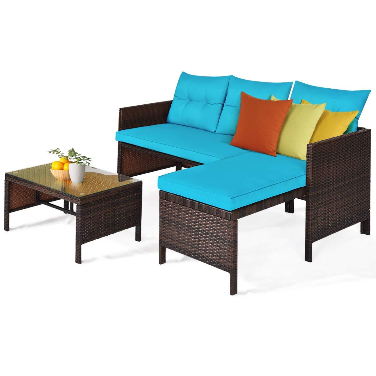 Tangkula Patio Corner Sofa Set 3 Piece, Outdoor Rattan Sofa Set, Includes Lounge Chaise, Loveseat & Coffee Table, Patio Garden Poolside Lawn Backyard Furniture (Turquoise) - CookCave