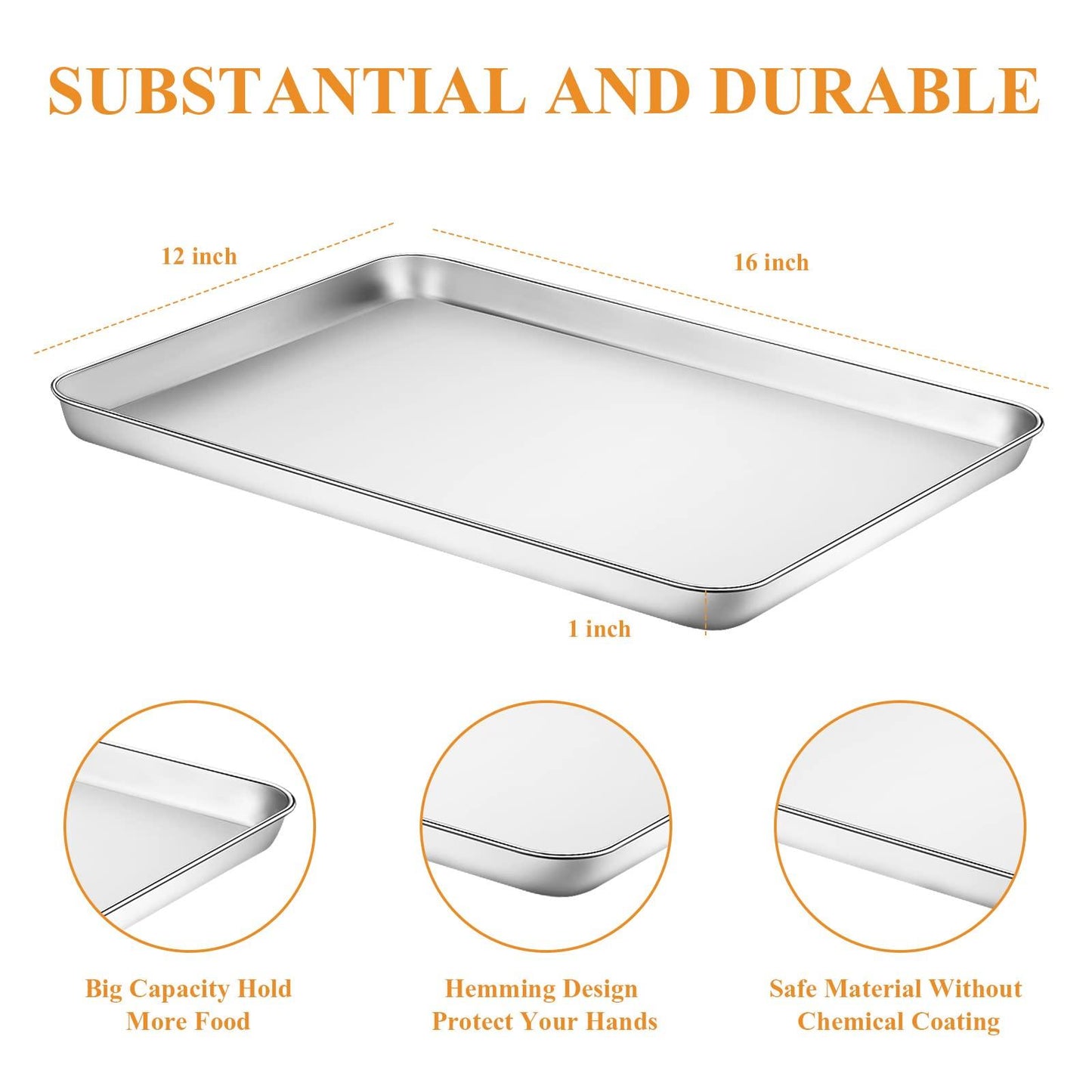 Stainless Steel Baking Sheet Set of 2, Deedro Cookie Sheet Metal Baking Pan Oven Tray, Non Toxic & Heavy Duty, Rust Free & Mirror Finish, Easy Clean & Dishwasher Safe, 16 x 12 x 1 Inch - CookCave