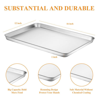 Stainless Steel Baking Sheet Set of 2, Deedro Cookie Sheet Metal Baking Pan Oven Tray, Non Toxic & Heavy Duty, Rust Free & Mirror Finish, Easy Clean & Dishwasher Safe, 16 x 12 x 1 Inch - CookCave