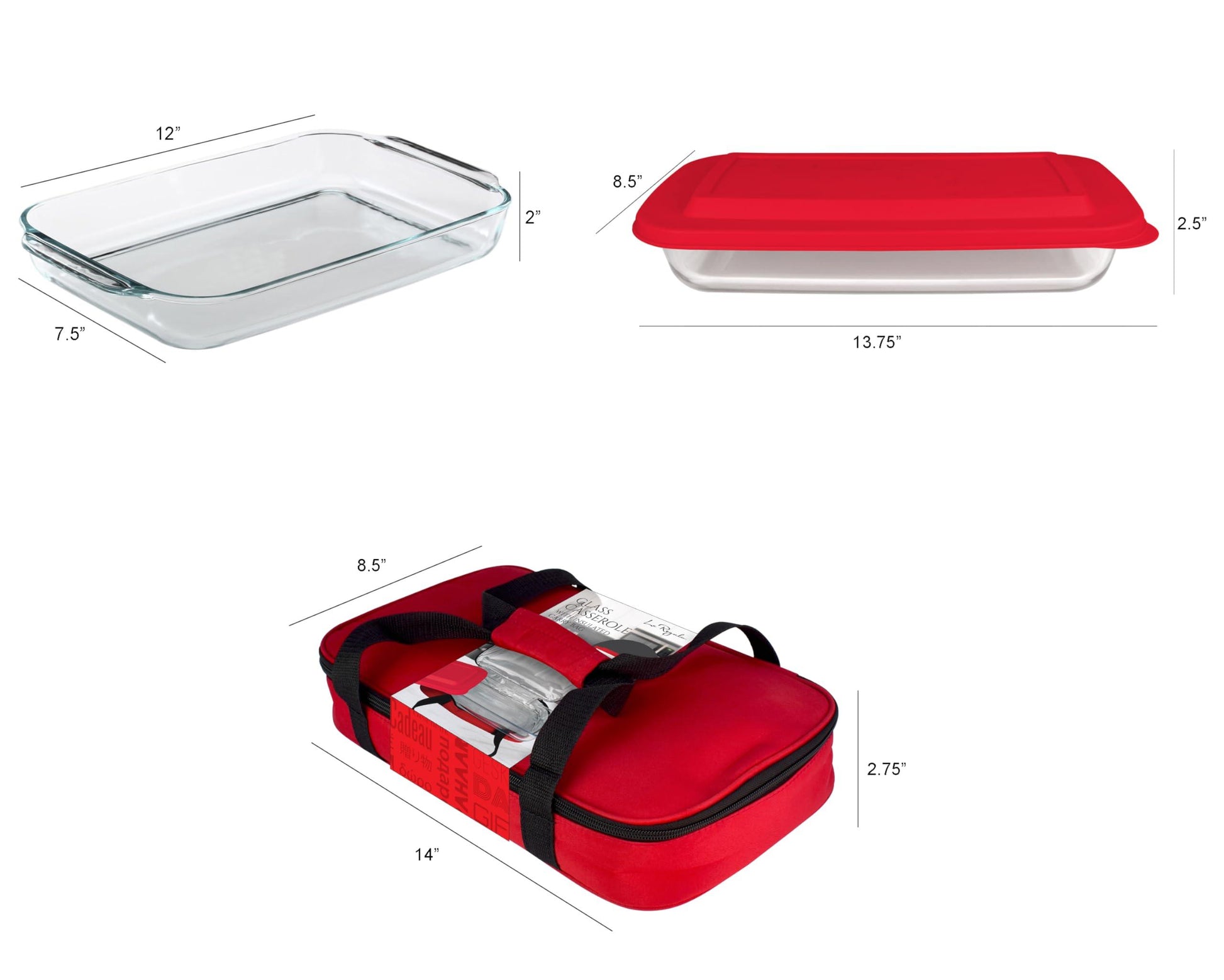 Le Regalo HW1236 Glass Casserole with Insulated Bag, Ideal for Picnic, Potluck, Hiking & Beach Trip-Retains Hot and Cold Temperature of Food, Overall13.75"x8.5"x2.75"- Red - CookCave