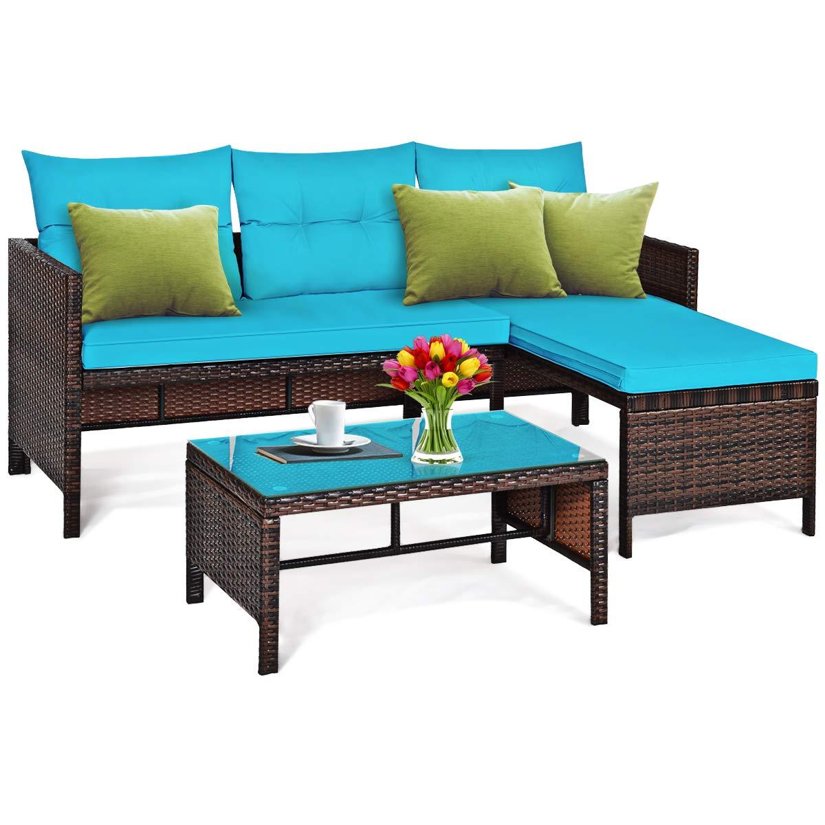 Tangkula Patio Corner Sofa Set 3 Piece, Outdoor Rattan Sofa Set, Includes Lounge Chaise, Loveseat & Coffee Table, Patio Garden Poolside Lawn Backyard Furniture (Turquoise) - CookCave