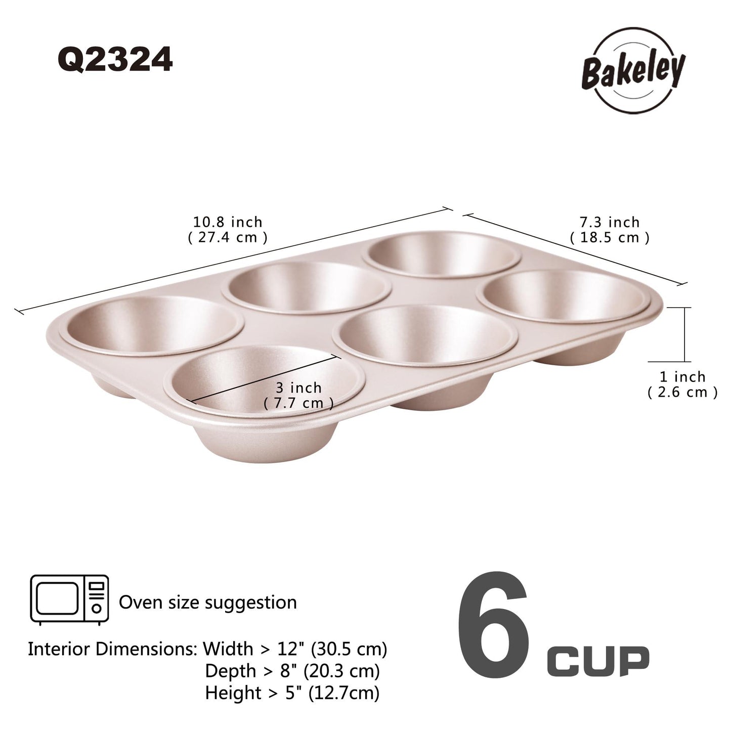Bakeley Muffin Cake Pan, 6-Cavity Non-Stick Cupcake Pan Bakeware for Oven Baking (Champagne Gold) - CookCave