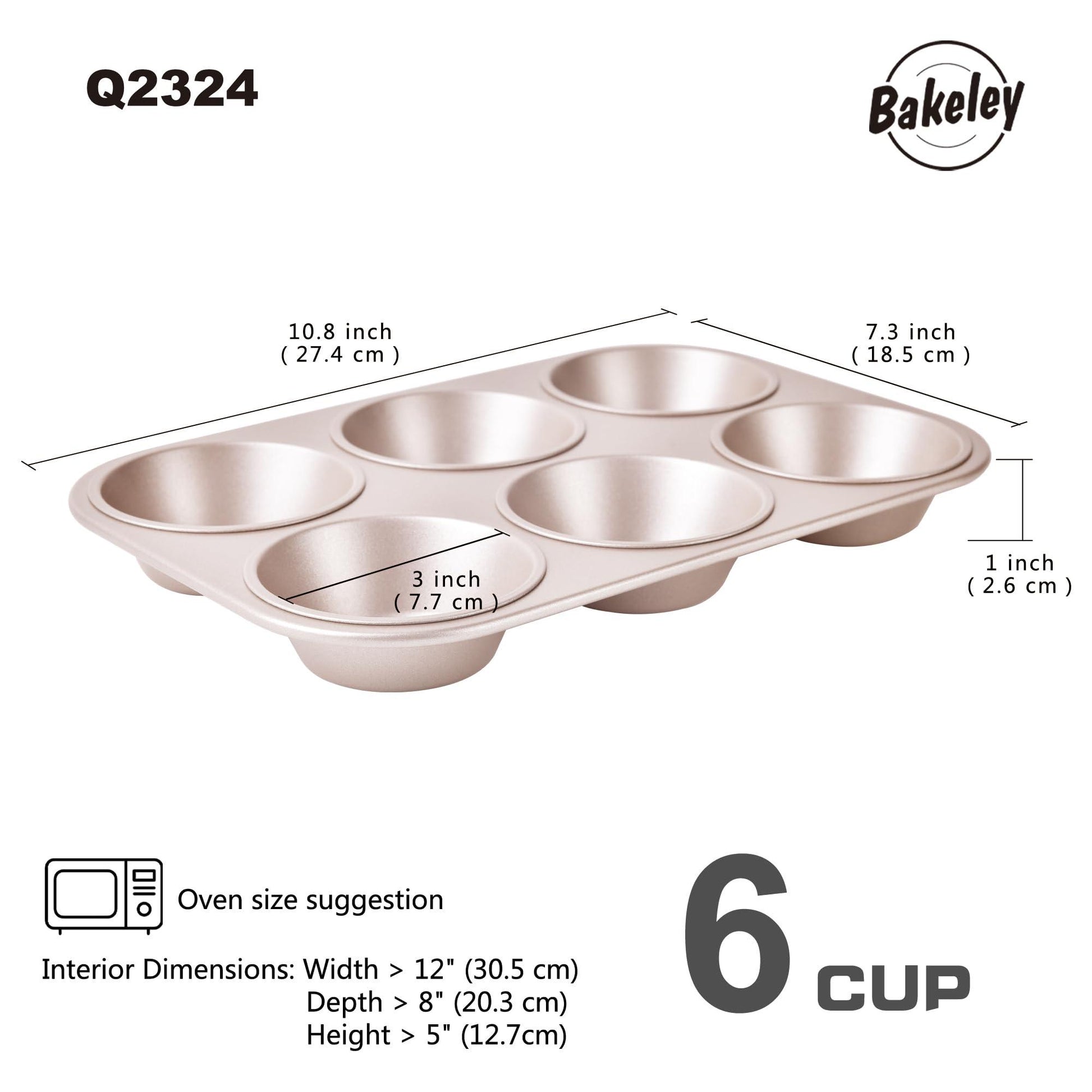 Bakeley Muffin Cake Pan, 6-Cavity Non-Stick Cupcake Pan Bakeware for Oven Baking (Champagne Gold) - CookCave