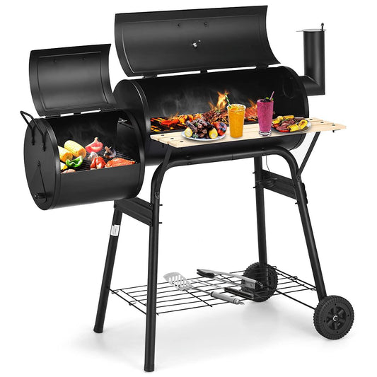 Giantex BBQ Charcoal Grill with Offset Smoker, Thermometer and Adjustable Damper, Meat Cooker Smoker for Backyard Family Gathering and Outdoor Picnic, 2 Moveable Wheels, 2 Shelves and Wooden Handles - CookCave