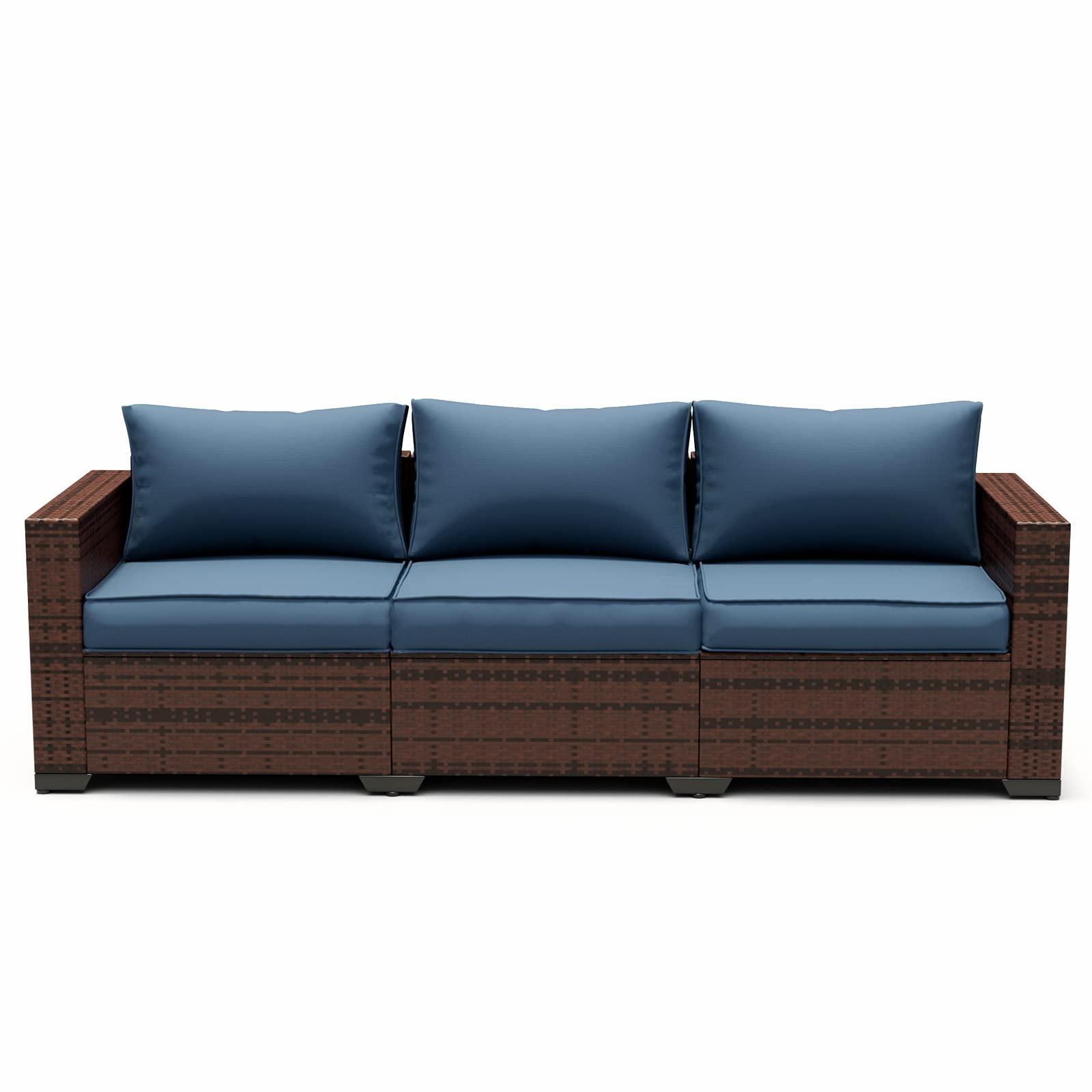 UDPATIO 3-Seat Patio Wicker Sofa, Outdoor Rattan Sectional Couch Furniture Steel Frame w/Furniture Cover Non-Slip Cushion and Deep Seating High Back, Navy - CookCave