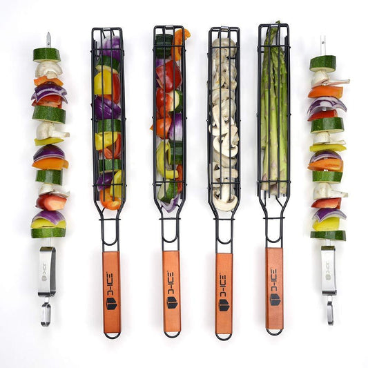 D-ICE Kebab Grilling Basket & Grilling Skewers Stainless Steel - Kabob Grilling Baskets set of 4 & 2 Metal BBQ Skewers. Kabob Basket for Veggies, Jumbo Shrimps - Grilling Baskets & Barbecue Skewers - CookCave