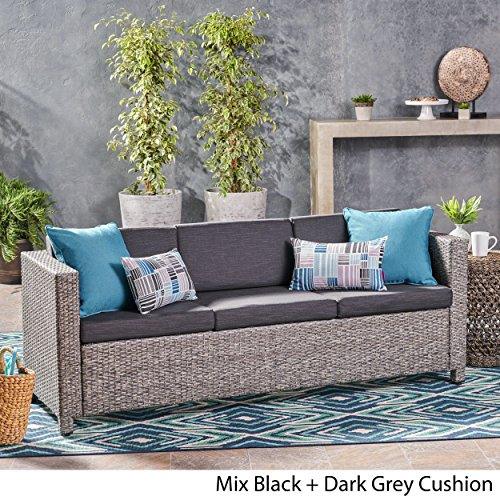 Christopher Knight Home Puerta Outdoor Wicker 3-Seater Sofa, Mix Black / Dark Grey Cushion - CookCave