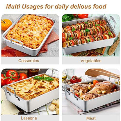 TeamFar Roasting Pan with Rack, 14 Inch Stainless Steel Turkey Roaster Lasagna Pan with V-Shaped Rack & Cooling Rack, Healthy & Durable, Brushed Surface & Dishwasher Safe, Rectangular - Set of 3 - CookCave