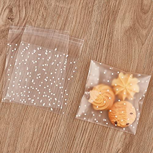 300PCS Cookie Bags Self Adhesive Clear Plastic Cellophane Treat Bags for Candy Pastry Packaging Christmas Party Favor Gift Giving (White Polka Dots, 4 x 4 inches) - CookCave
