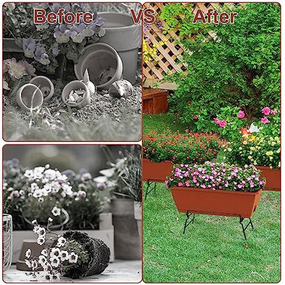 4 Pack 17 Inch Window Boxes Planters with Plant Stand, Flower Window Box with Drainage Tray Plastic Flower Herb Planters for Outdoor Indoor Plants, Boxes Planters with Metal Plant Stand for Patio - CookCave