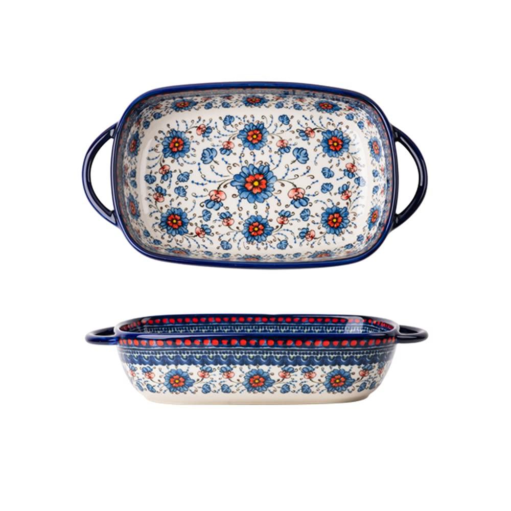 Bicuzat Blue and Orange Flower Vintage Style Ceramic Bakeware Casserole Dish Baking Pan Lasagna Pans with Handles for Oven/Cooking/Kitchen-1 PCS-22 OZ - CookCave