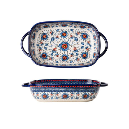 Bicuzat Blue and Orange Flower Vintage Style Ceramic Bakeware Casserole Dish Baking Pan Lasagna Pans with Handles for Oven/Cooking/Kitchen-1 PCS-22 OZ - CookCave