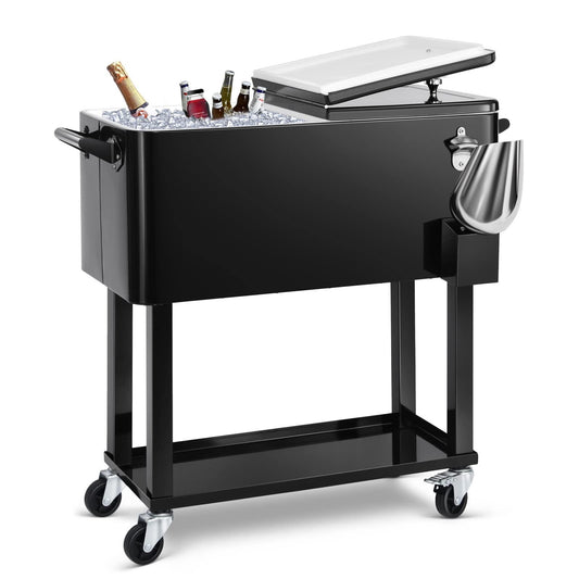EDOSTORY 80 Quart Black Rolling Ice Chest Cooler Cart,Patio Backyard Party Drink Beverage Bar Stand Up Cooler Trolley with Ice Scoop - CookCave