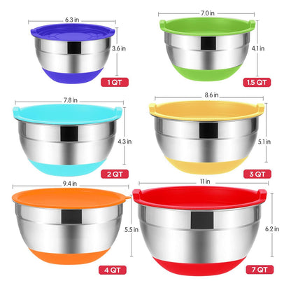 Mixing Bowls with Airtight Lids, 20PCS Stainless Steel Set, Nesting 3 Grater Attachments & Non-Slip Bottoms, Size7, 4, 3, 2, 1.5, 1QT for Baking&Prepping - CookCave