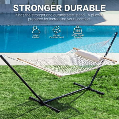 PNAEUT Double Rope Hammock with Stand Included, 12ft Heavy Duty Stand, 2 Person Traditional Cotton Rope Hammocks with Pillow for Outside Porch Patio Backyard Outdoor, Max 475lbs Capacity (Burlywood) - CookCave