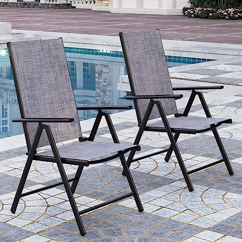 PHI VILLA Patio Folding Dining Chairs Set of 2 for Outdoor, Adjustable Patio Sling Chairs Reclining High Back Chairs with Armrest for Garden Lawn Pool Yard, Grey - CookCave