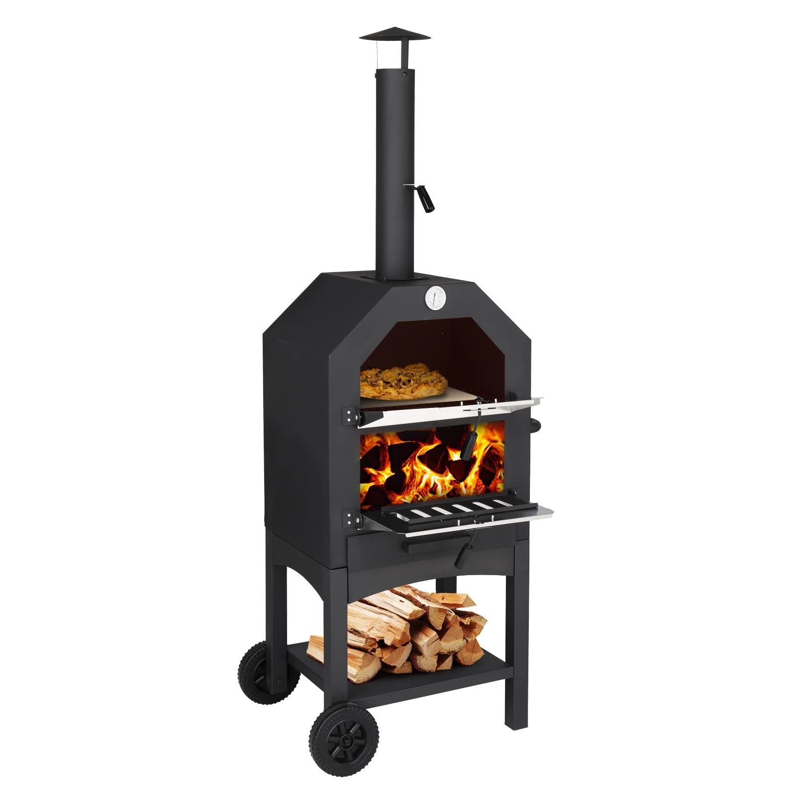 Portable Outdoor Pizza Oven Wood Fired Pizza Oven with Pizza Stone, Pizza Peel and Grill Racks Patio Wood Burning Pizza Maker with Wheels for Outside Camping Backyard Party - CookCave