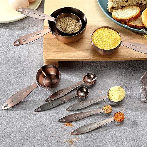 Copper Measuring Cups and Spoons Set, Stainless Steel 10 Piece Set, Stackable 5 Measuring Cups and 5 Measuring Spoons with 2 Rings, Antique Copper Plated - CookCave