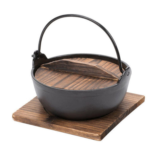 JapanBargain 1804, Japanese Style Cast Iron Shabu Shabu Hot Pot Sukiyaki Nabe with Wooden Lid and Hot Pad, 8.25 inches Diameter - CookCave