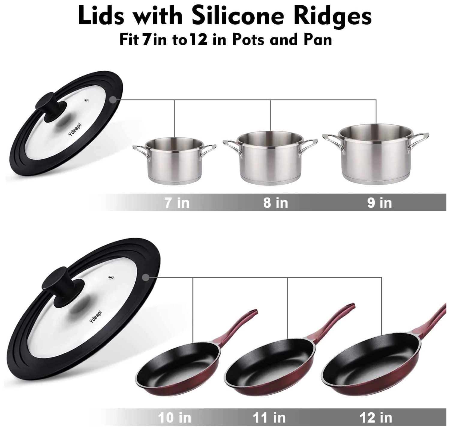 Ydeapi Universal Lids for Pots, Pans & Skillets - Fits 7", 8" & 9" Diameter, 10", 11" & 12" Diameter Cookware, Tempered Glass with High Heat Resistant Silicone Rim (2PK) - CookCave