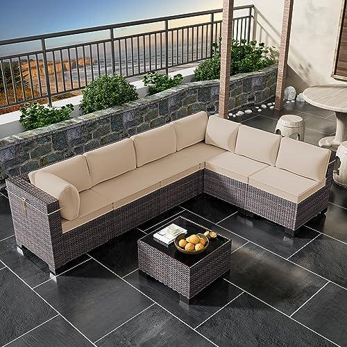 RTDTD Outdoor Patio Furniture Set, 7 Pieces Outdoor Furniture All Weather Patio Sectional Sofa PE Wicker Modular Conversation Sets with Coffee Table,6 Chairs & Seat Clips Brown - CookCave