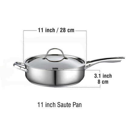 Cooks Standard Classic Stainless Steel Saute Pan 11-inch, 5 Quart Induction Cookware Deep Frying Pan Cooking Skillet with Lid, Stay-Cool Handle - CookCave