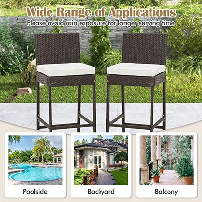 Tangkula Set of 2 Patio Wicker Barstools, Outdoor Bar Height Chair w/Soft Seat Cushion & Cozy Footrest, Heavy-Duty Metal Frame, 400 lbs Max Load, Mix Brown Rattan Bar Chair for Backyard, Balcony - CookCave