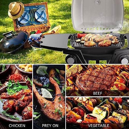Portable Gas Grill, Portable Propane Grill, Propane Gas Grill, 24,000 BTU Outdoor Tabletop Small BBQ Grill with Two Burners, Removable Side Tables, Gas Hose and Regulator, Built in Thermometer, White - CookCave