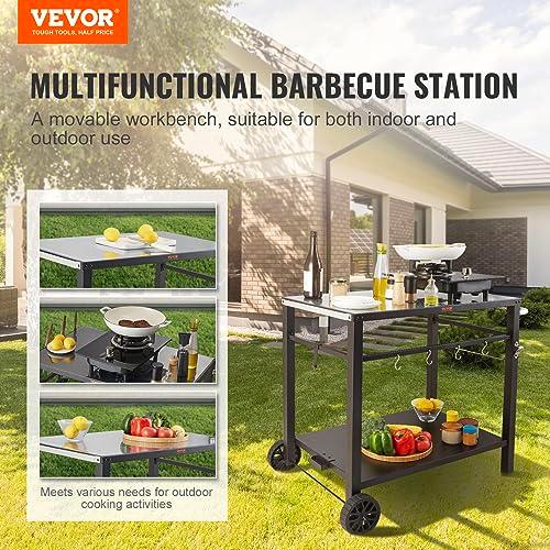 VEVOR Outdoor Grill Dining Cart with Double-Shelf, BBQ Movable Food Prep Table, Multifunctional Iron Table Top, Portable Modular Carts for Pizza Oven, Worktable with 2 Wheels, Carry Handle, Black - CookCave