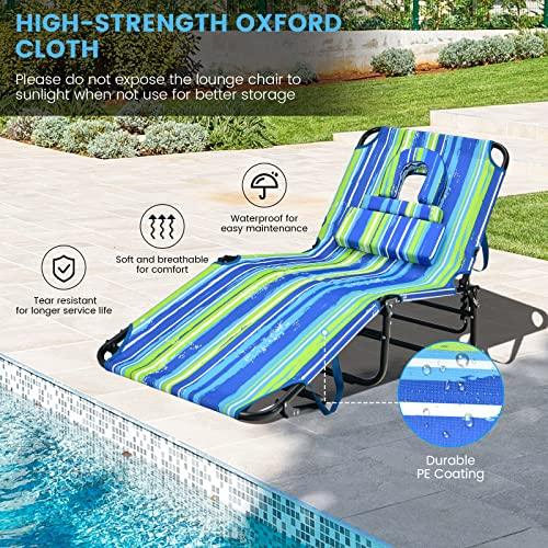 GYMAX Tanning Chair, 350lbs Beach Lounge Chair with Face Hole, Detachable Washable Pillow & Carry Strap, Adjustable Folding Chaise Lounge, Layout Chair for Outside, Patio, Poolside, Lawn (1, Stripe) - CookCave