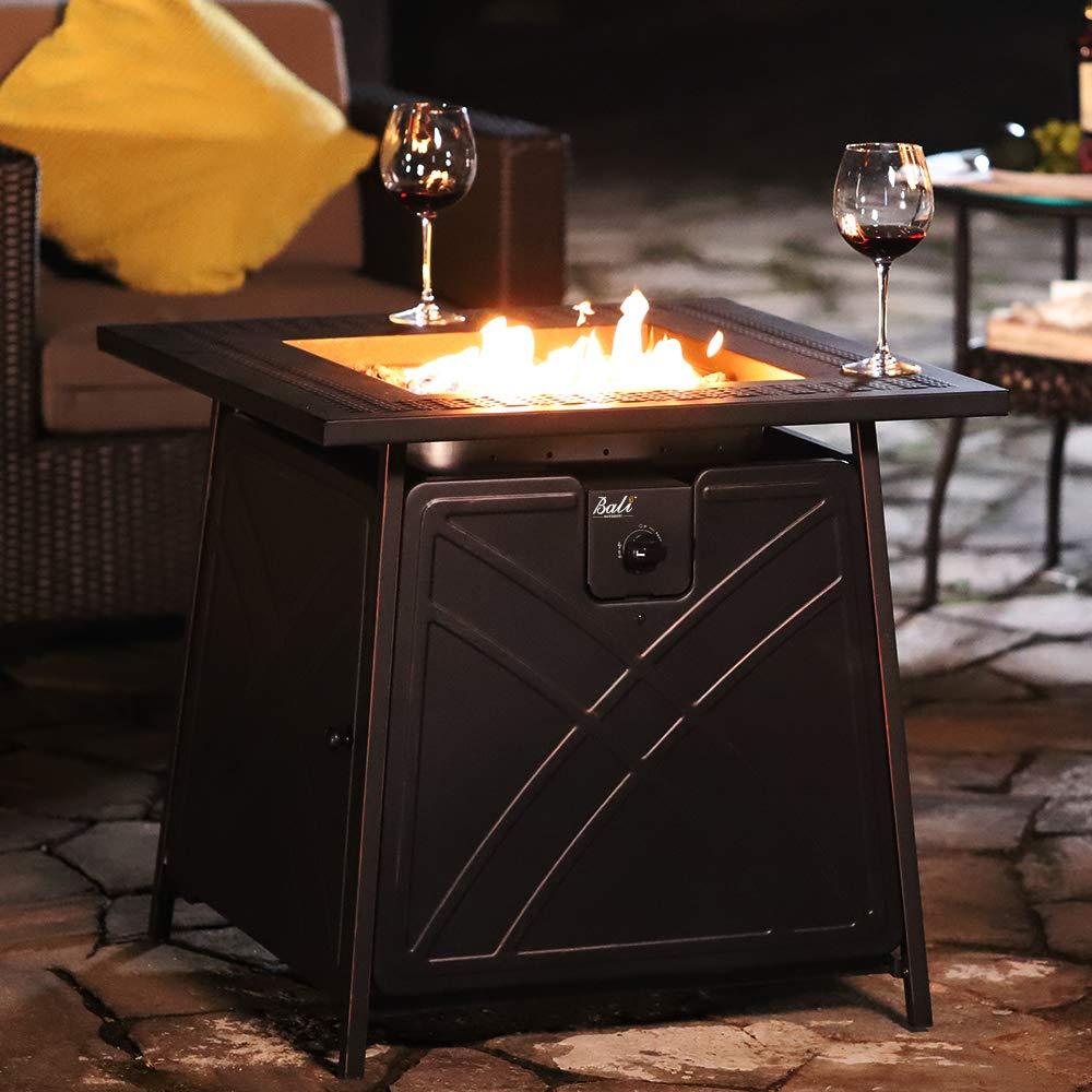 BALI OUTDOORS Gas FirePit Table, 28 inch 50,000 BTU Square Outdoor Propane Fire Pit Table with Lid and Blue Fire Glass - CookCave