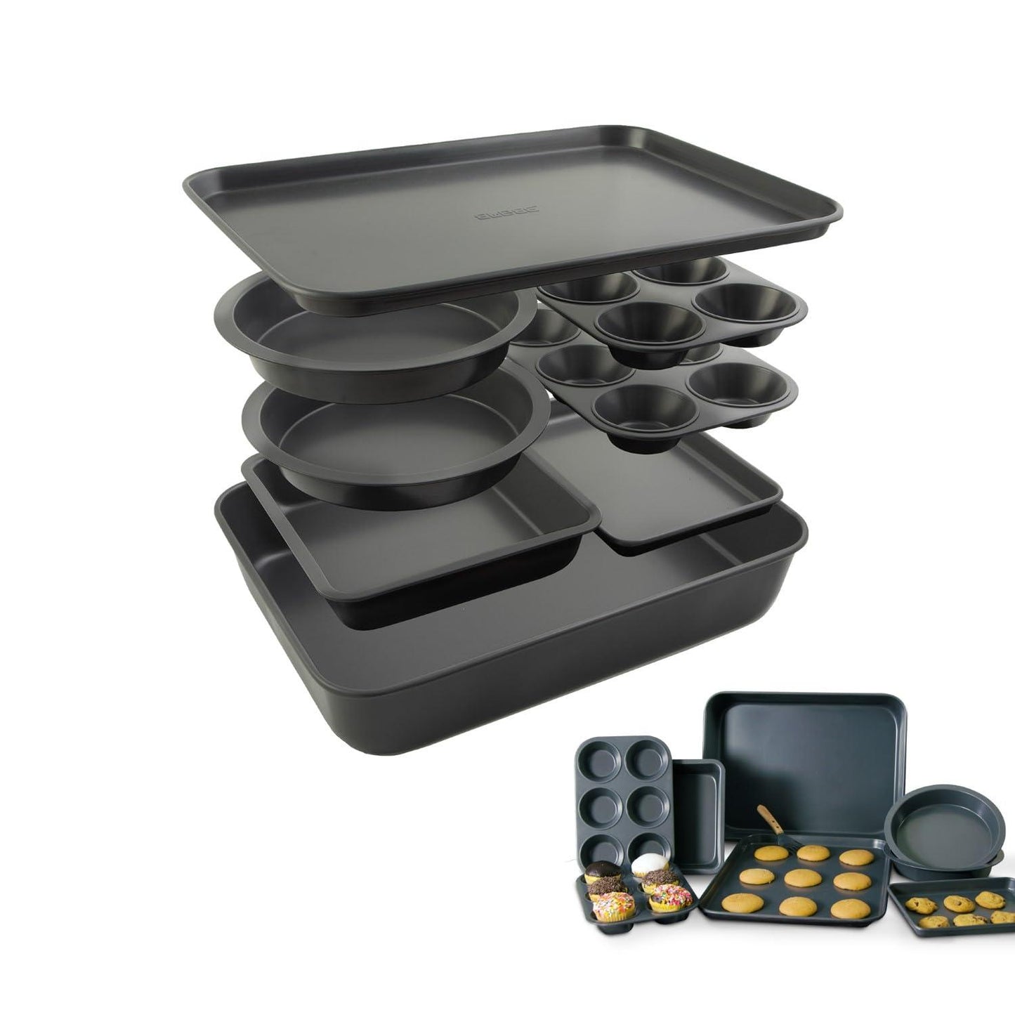 Elbee Home 8-Piece Nonstick Aluminized Steel, Space Saving Baking Set , With Deep Roasting Pan, Cookie Sheet, Cake Pans, Muffin Pans and Baking Pan PFOA & PFOS Free - CookCave