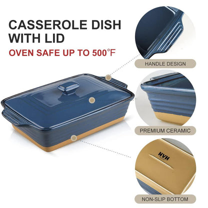 HVH Ceramic Casserole Dish with Lid Oven Safe, 3.5 Quart Large Casserole Dish, Covered Rectangular Casserole Dish Set, 9x13 Casserole Dish, Baking Dishes for Casseroles, Farmhouse Style (Blue) - CookCave