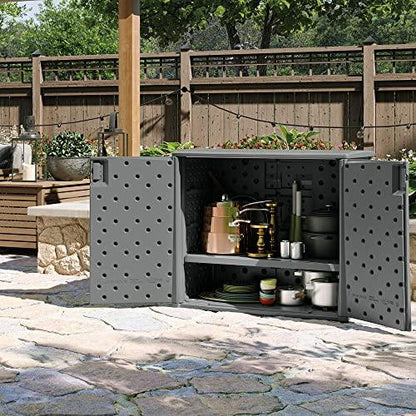 Suncast Outdoor Storage Cabinet with Pad-Lockable Doors, Freestanding Outdoor Patio Storage Unit, 42" W x 23" D x 35.5" H, Cool Gray - CookCave