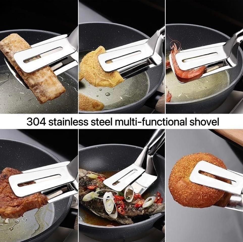 Anti-Scald Extended Handle Spatula Tongs, 11.5 Inch Multifunctional Stainless Steel Cooking Tongs Food Flip Shovel Clamp for Steak Fish Bread Hamburger BBQ Frying Pancake Pies Pizza - CookCave