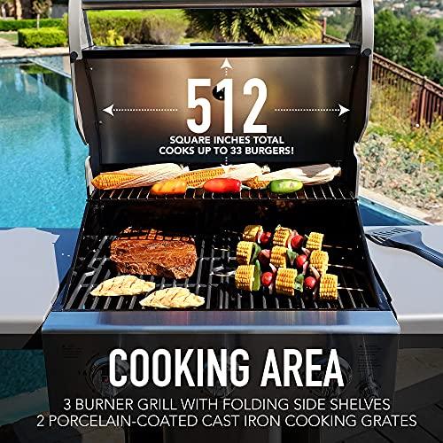 Permasteel 3-Burner Gas Grill | Cast Iron Cooking Grates, Grilling Tools Holder, Foldable Sides, PG-A40301-MO, Pedestal Style, 30000 Total BTUs - Mocha - CookCave