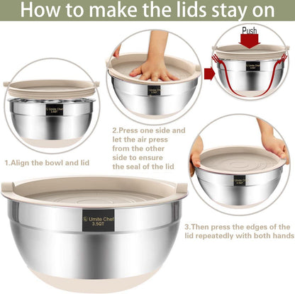 Umite Chef Mixing Bowls with Airtight Lids, 6 piece Stainless Steel Metal Nesting Storage Bowls, Non-Slip Bottoms Size 7, 3.5, 2.5, 2.0,1.5, 1QT, Great for Mixing & Serving (Khaki) - CookCave