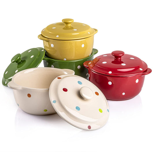 AVLA 4 Pack Porcelain Ramekins with Lid and Handle, 9 OZ , Ceramic Souffle Soup Creme Brulee Bowls, Oven Safe, Mini Casserole Dish (Polka Dot, Assorted Color) - CookCave