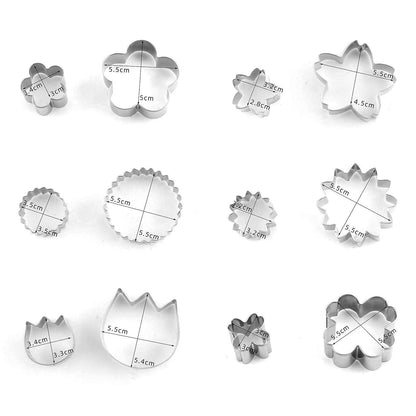 Flowers Cookie Cutter Set -12 Pieces - Plum Blossoms, Clover, Tulip, Cherry Blossoms, Sawtooth Circle, Sunflower Biscuit Fondant Cutters Stainless Steel - CookCave